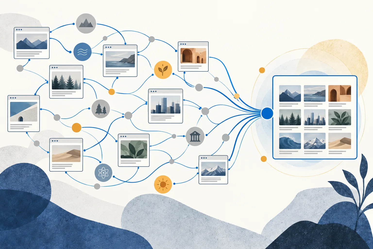 Illustration of approved web sources connected to a specialized search collection