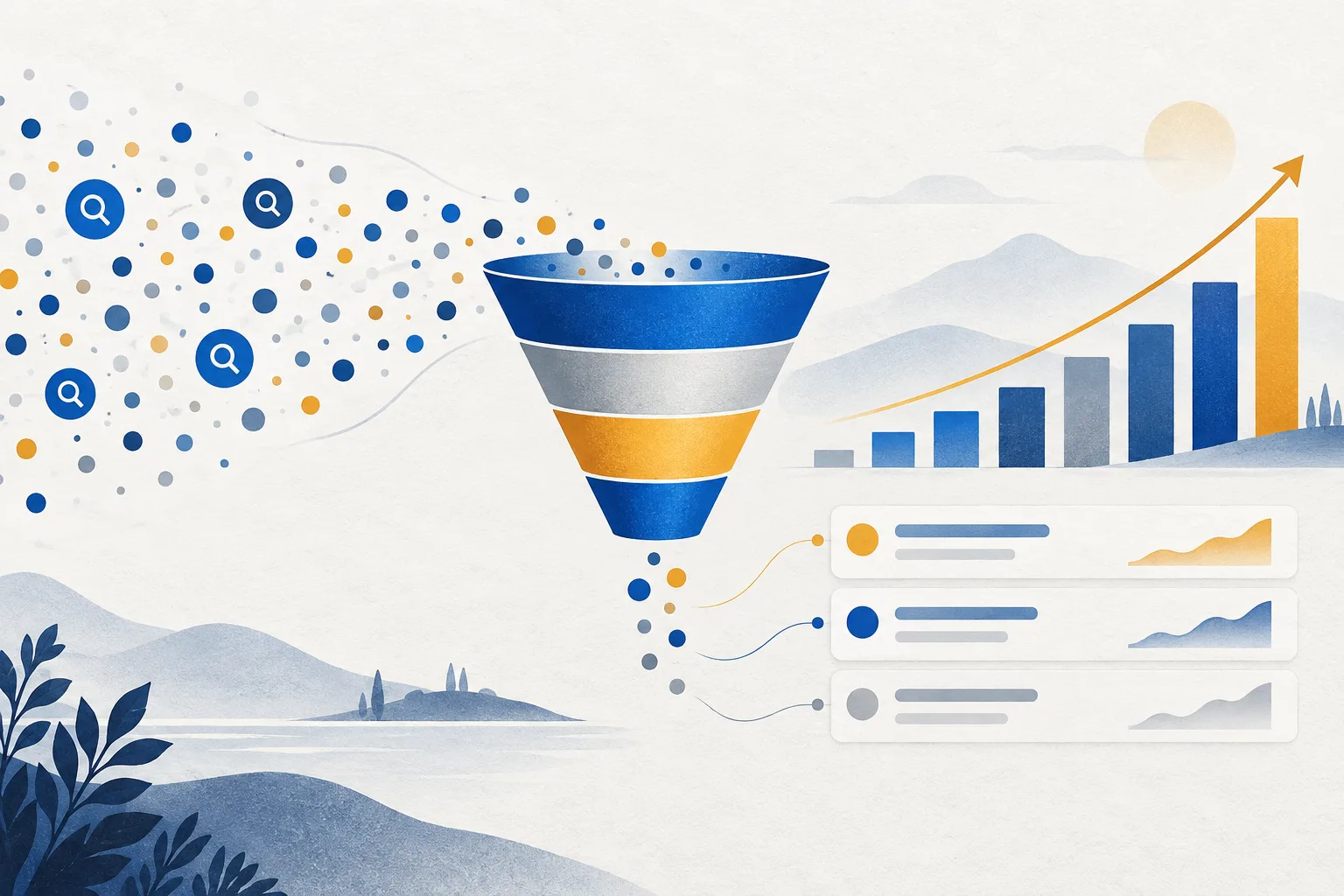 Conceptual illustration of search activity organized into analysis; not actual performance data