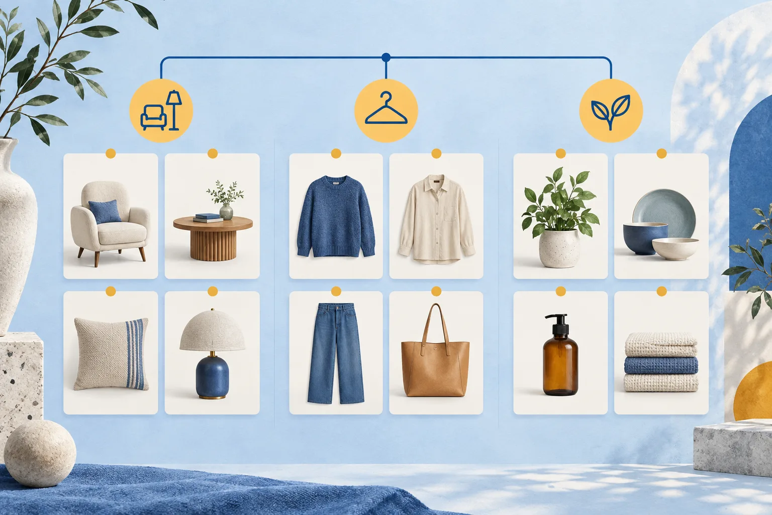 Illustration of a product catalog organized into searchable categories